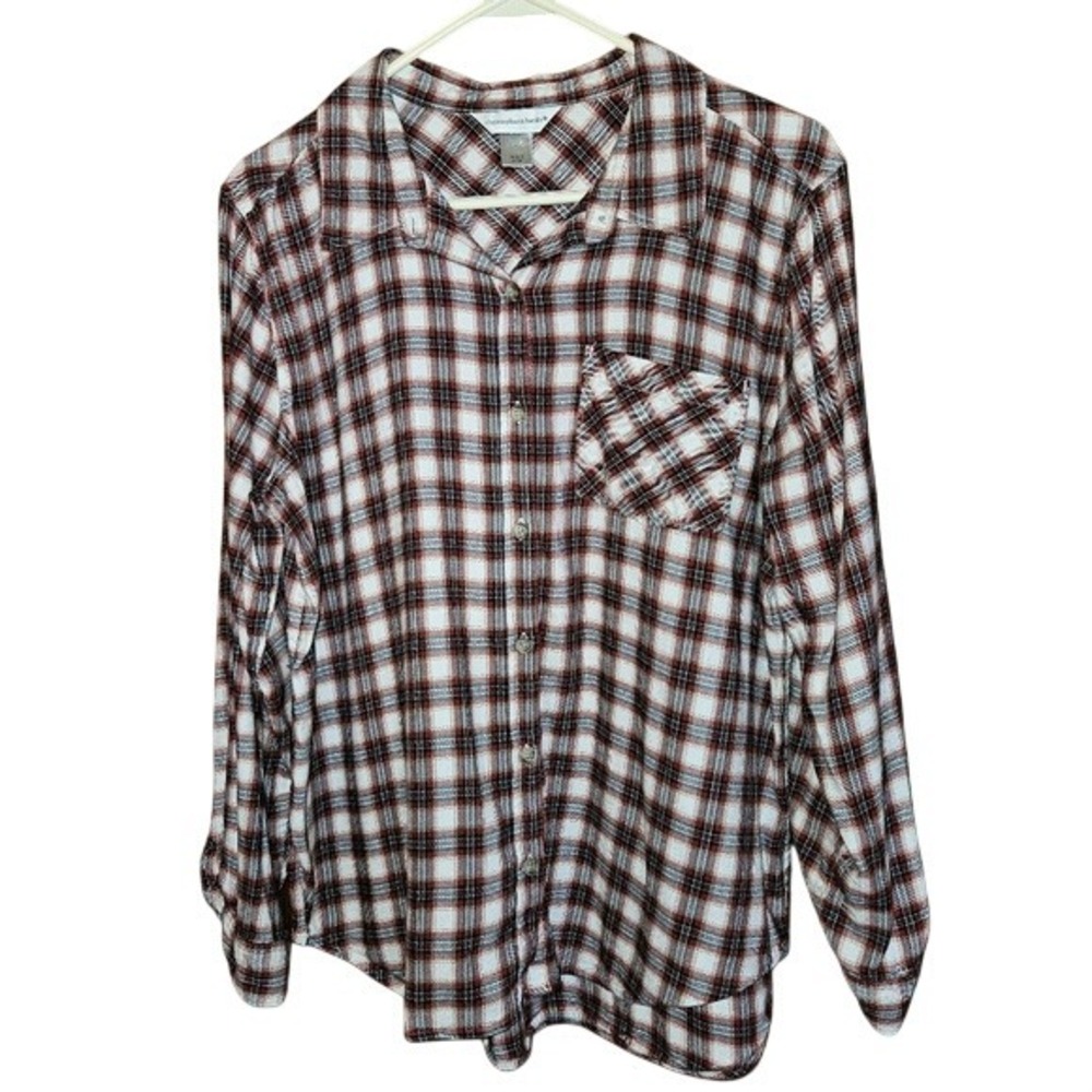 Christopher & Banks Red White Plaid Roll‎ Tab Button Down Shirt Women Medium